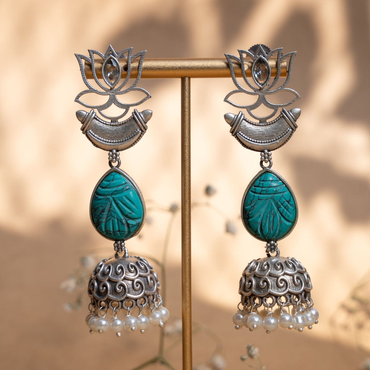 NOVA FAUX SILVER CARVING STONE ANTIQUE EARRINGS/JHUMKAS ER897