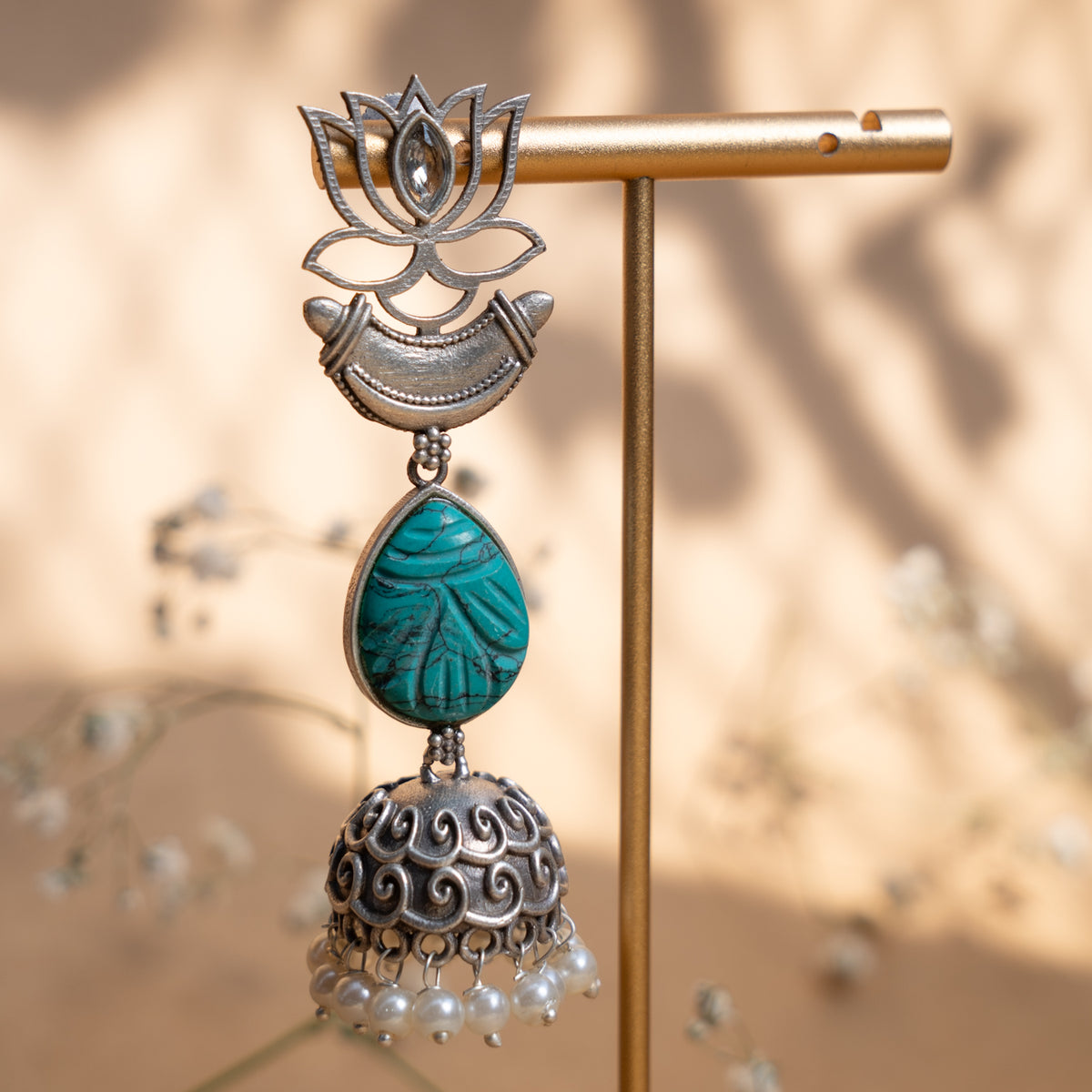 NOVA FAUX SILVER CARVING STONE ANTIQUE EARRINGS/JHUMKAS ER897