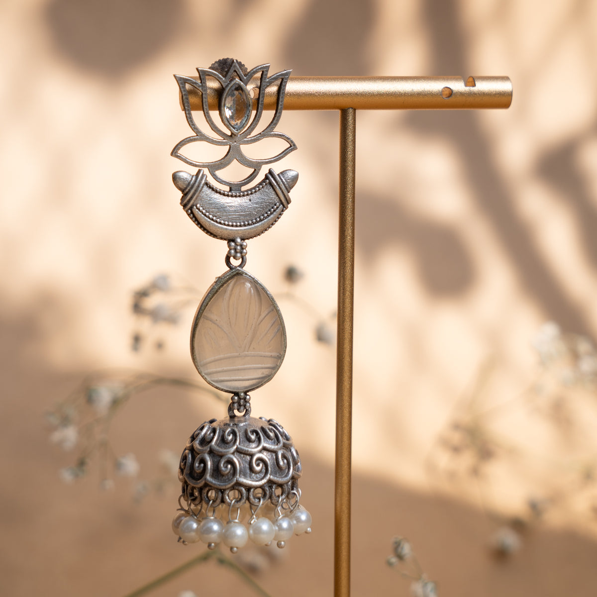 NOVA FAUX SILVER CARVING STONE ANTIQUE EARRINGS/JHUMKAS ER897