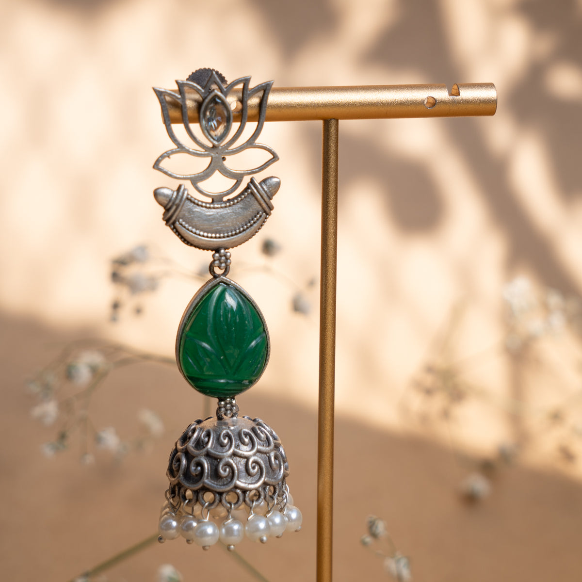 NOVA FAUX SILVER CARVING STONE ANTIQUE EARRINGS/JHUMKAS ER897