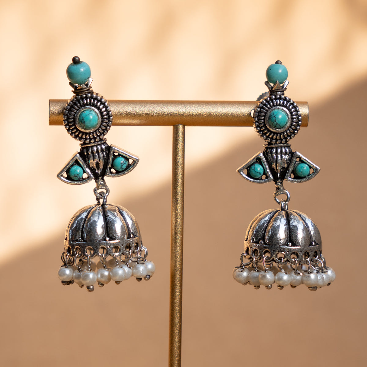 WILLOW FAUX SILVER SEMI HANDMADE ANTIQUE EARRINGS/JHUMKAS ER825