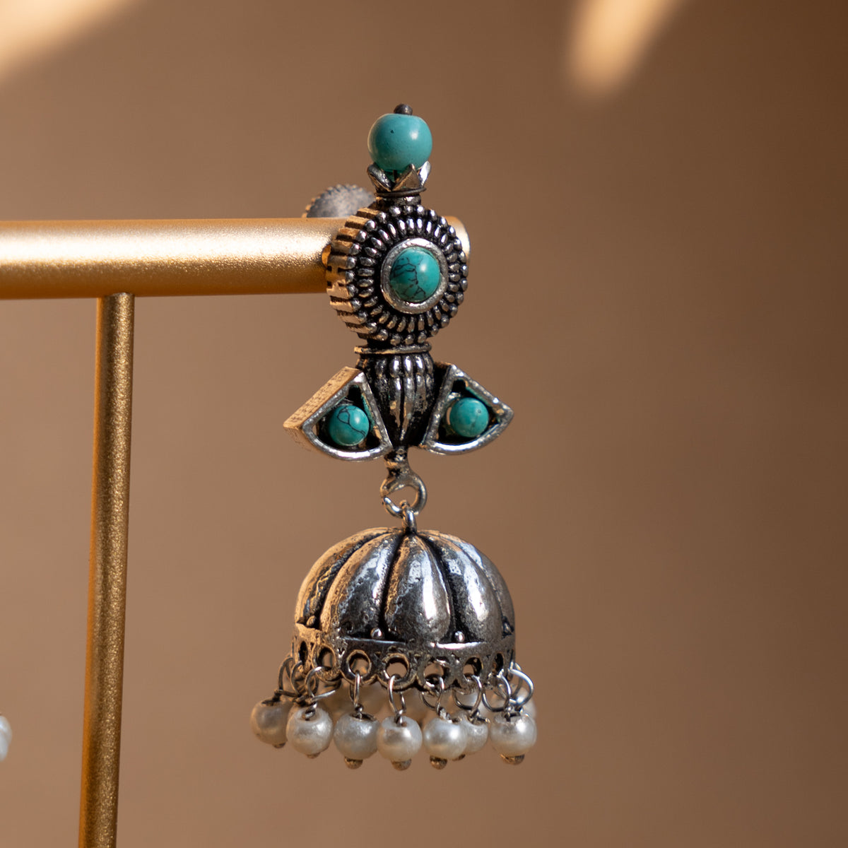 WILLOW FAUX SILVER SEMI HANDMADE ANTIQUE EARRINGS/JHUMKAS ER825