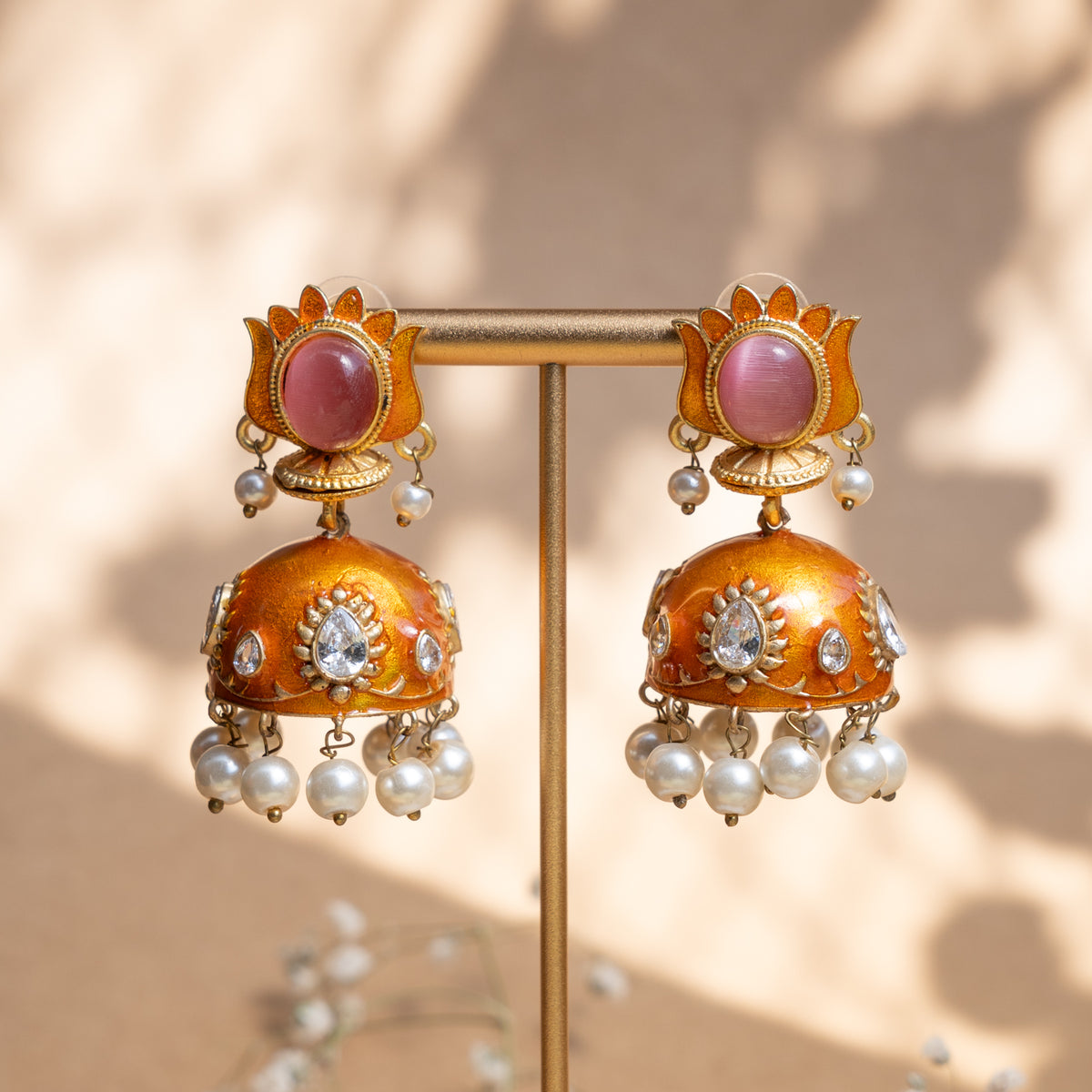 ADDISON LOTUS DESIGN GOLD TONE ENAMEL EARRINGS/JHUMKAS ER847