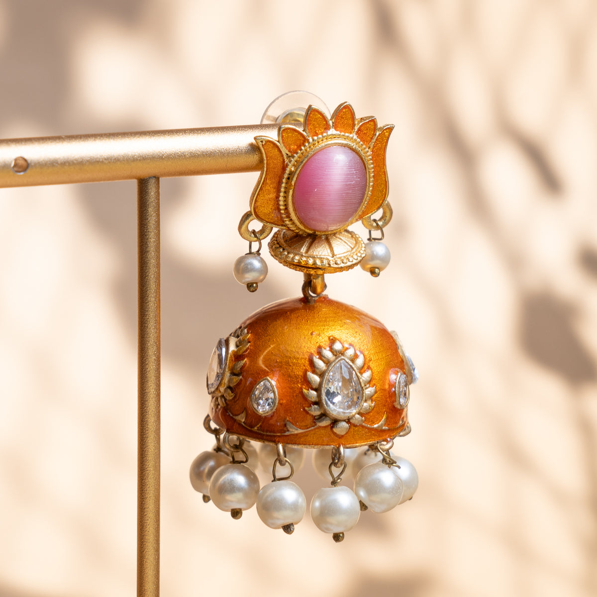 ADDISON LOTUS DESIGN GOLD TONE ENAMEL EARRINGS/JHUMKAS ER847