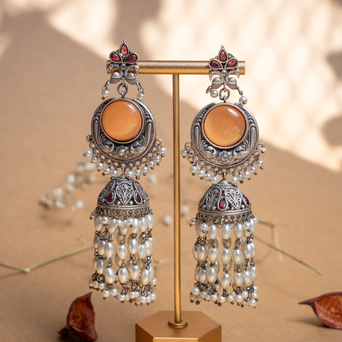 EILIE FAUX SILVER SEMI HANDMADE MONALISA STONE ANTIQUE EARRINGS/JHUMKAS ER889
