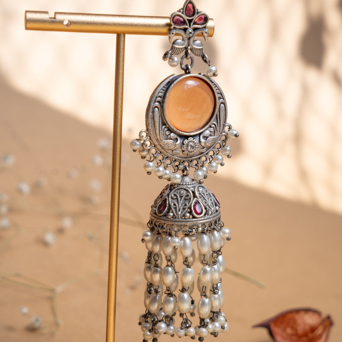 EILIE FAUX SILVER SEMI HANDMADE MONALISA STONE ANTIQUE EARRINGS/JHUMKAS ER889