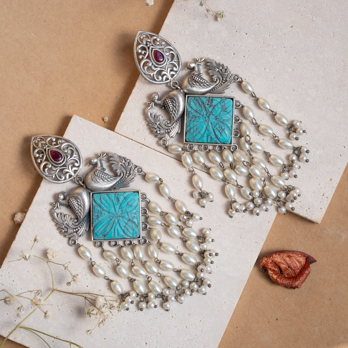 NORA FAUX SILVER SEMI HANDMADE ANTIQUE EARRINGS ER887