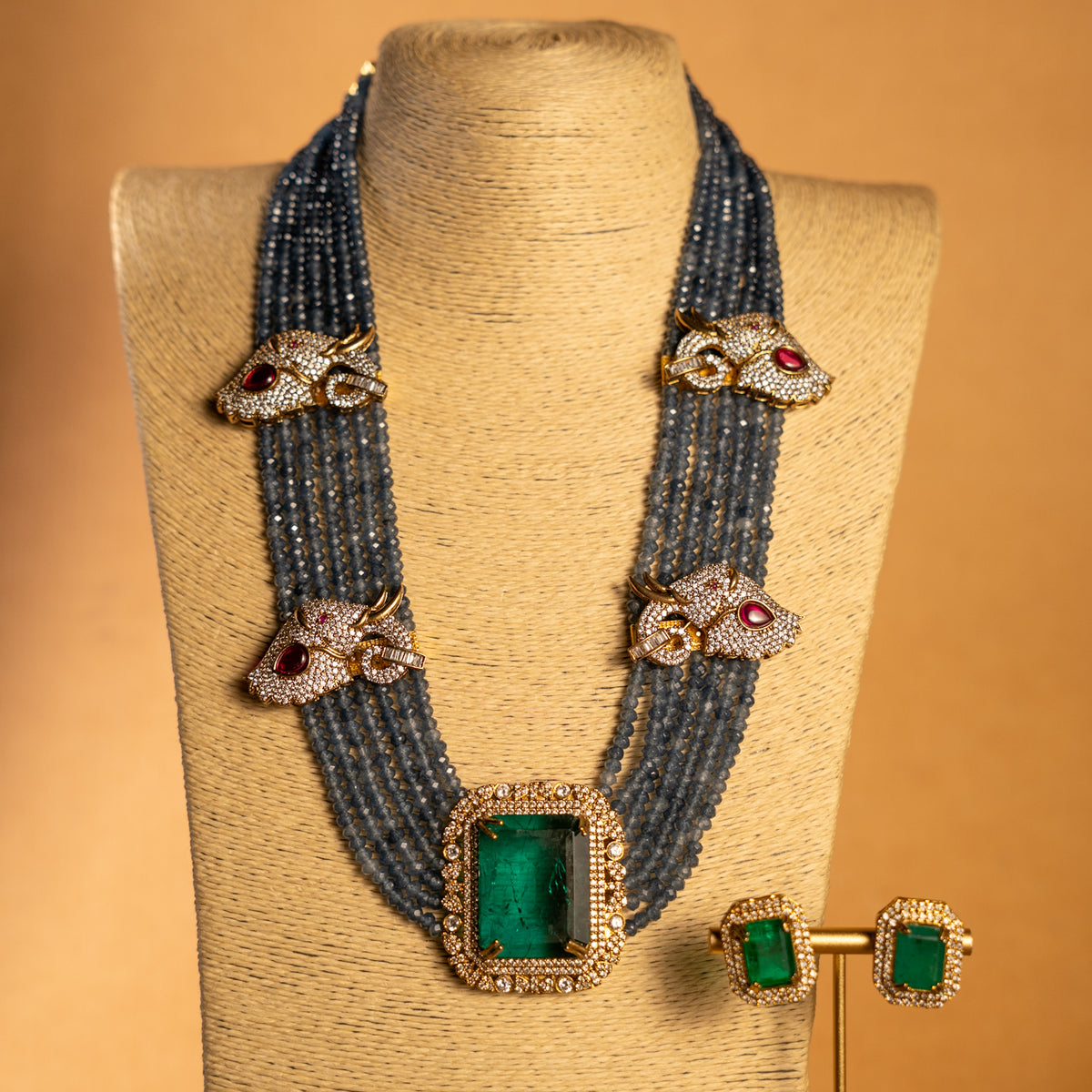 EVA DOUBLET STONE ONEX BEADS POLKI AND AD STONE BRIDAL HANDMADE NECKLACE WITH EARRING NL309