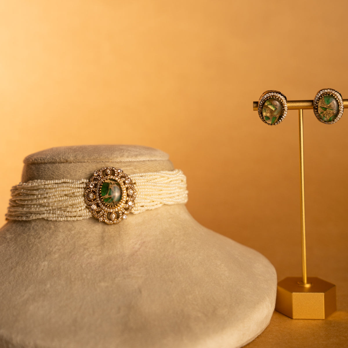 EVELYN BRIDAL PREMIUM DOUBLET AND POLKI STONE SEMI HANDMADE CHOKER WITH EARRING CH523