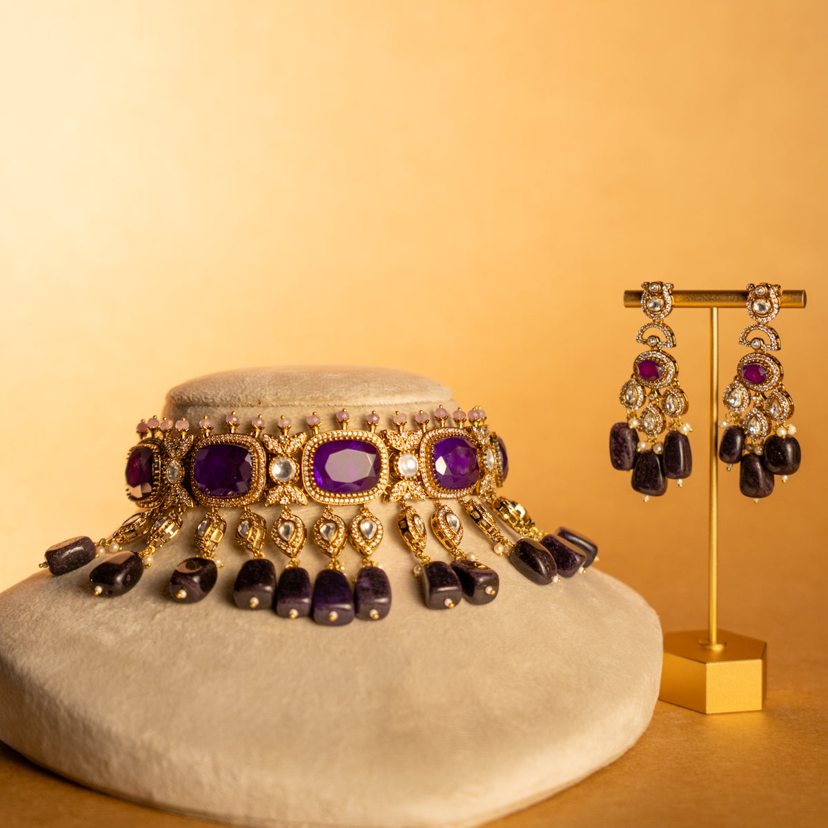 LUNA BRIDAL PREMIUM DOUBLET AND POLKI STONE  SEMI HANDMADE  CHOKER WITH EARRING CH519