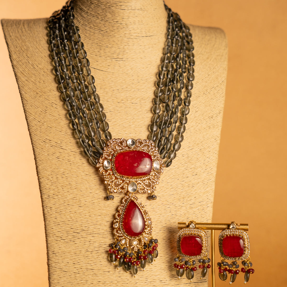TINIYA BRIDAL PREMIUM DOUBLET STONE POLKI HANDMADE NECKLACE WITH EARRING NL297