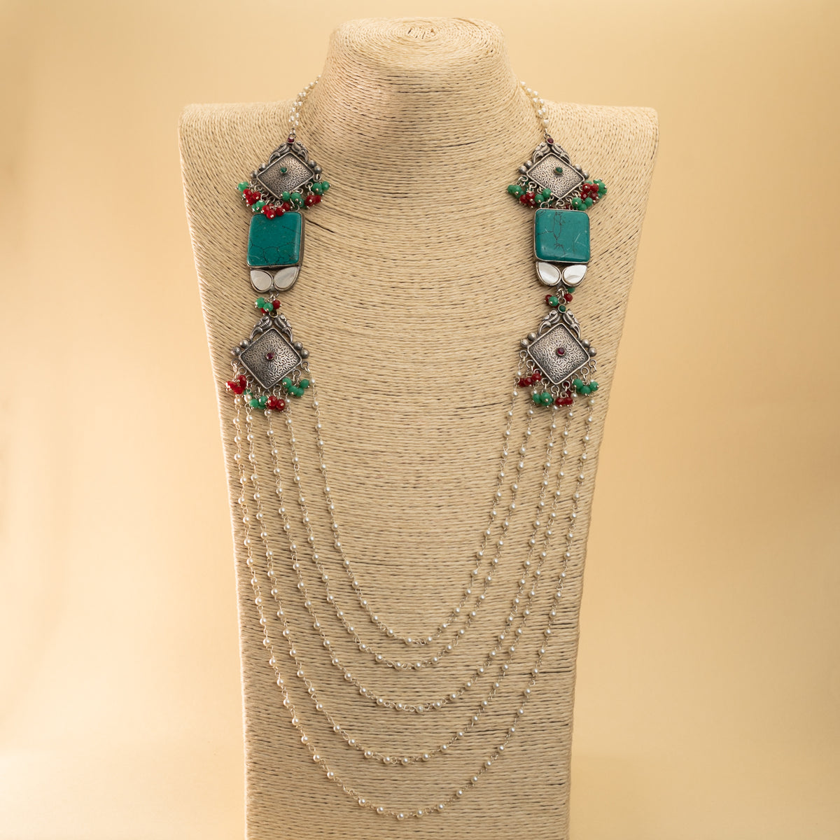 ALEX PEARL LAYERED HANDMADE SILVER LOOK ALIKE MALA/ NECKPIECE ML42