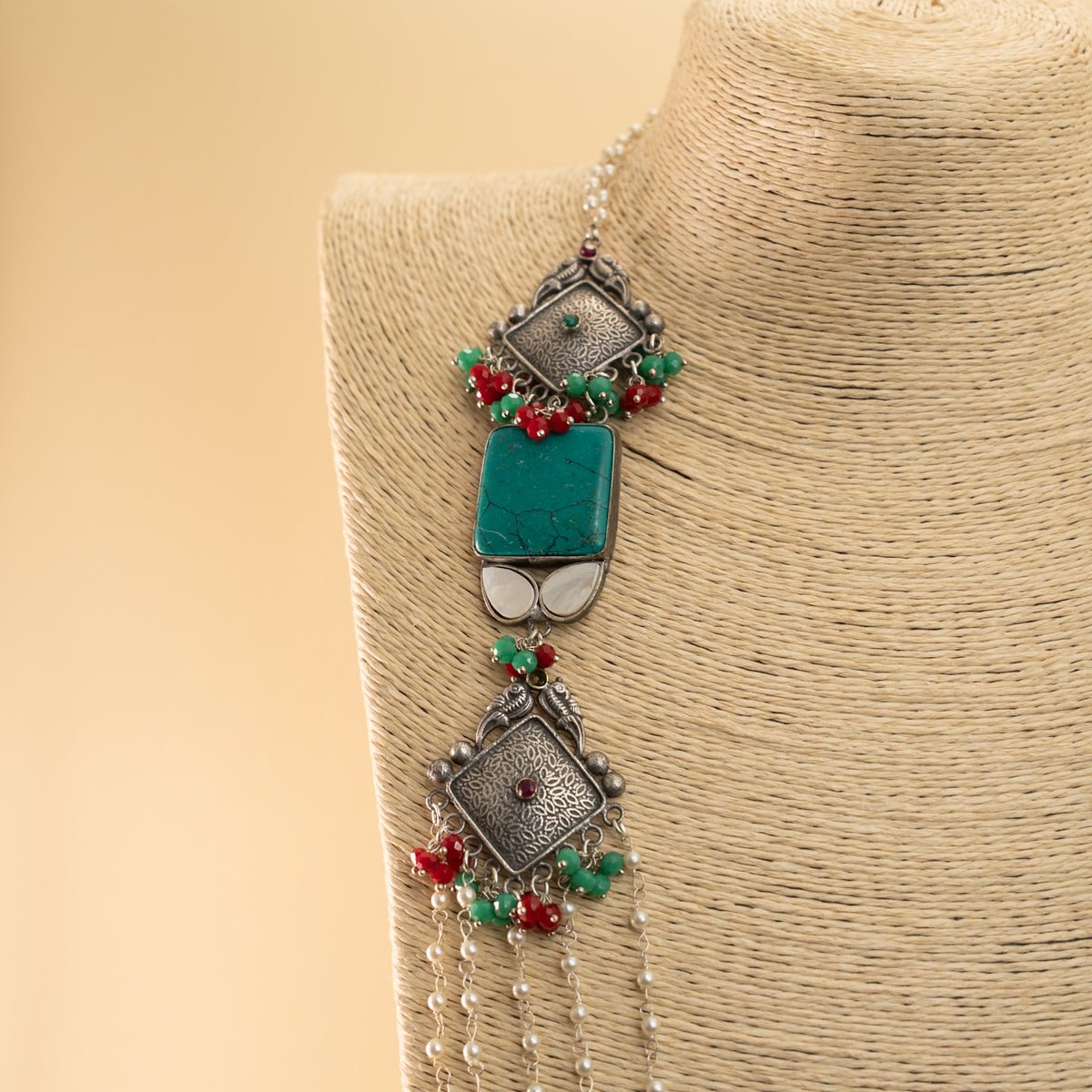 ALEX PEARL LAYERED HANDMADE SILVER LOOK ALIKE MALA/ NECKPIECE ML42