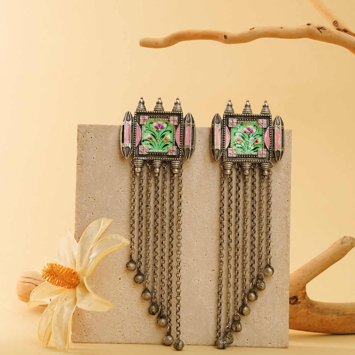 NAOMI FAUX SILVER  SEMI HANDMADE PAINTED RAW AND RUSTIC EARRINGS ER906