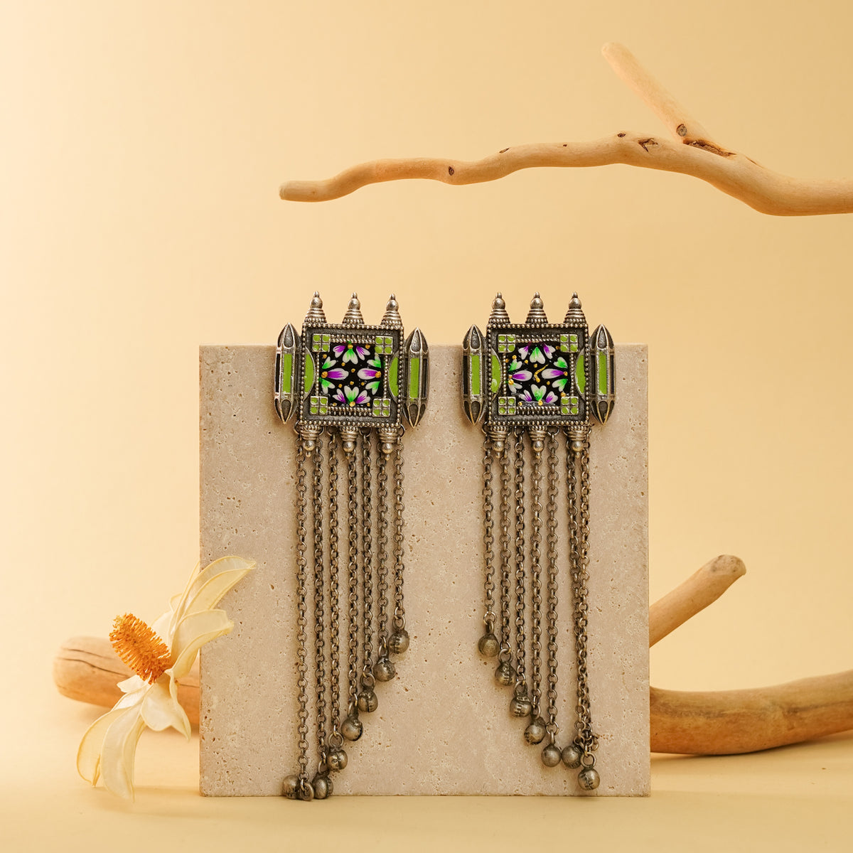 NAOMI FAUX SILVER  SEMI HANDMADE PAINTED RAW AND RUSTIC EARRINGS ER906