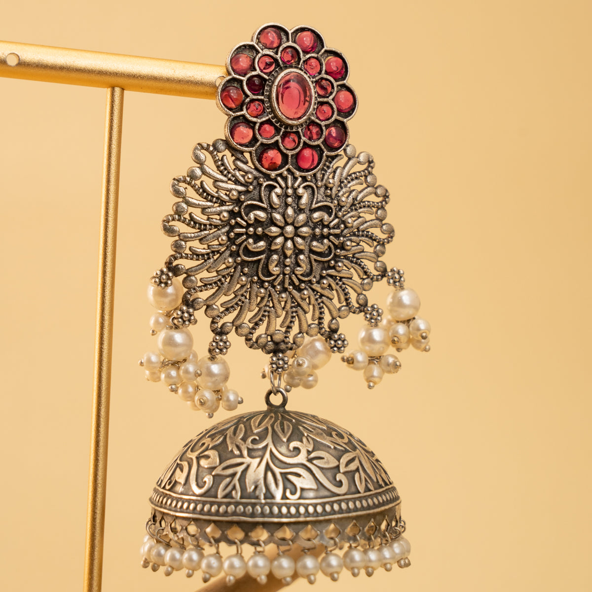 SAMANTHA FAUX SILVER SEMI HANDMADE RAW AND RUSTIC EARRINGS/JHUMAS ER929