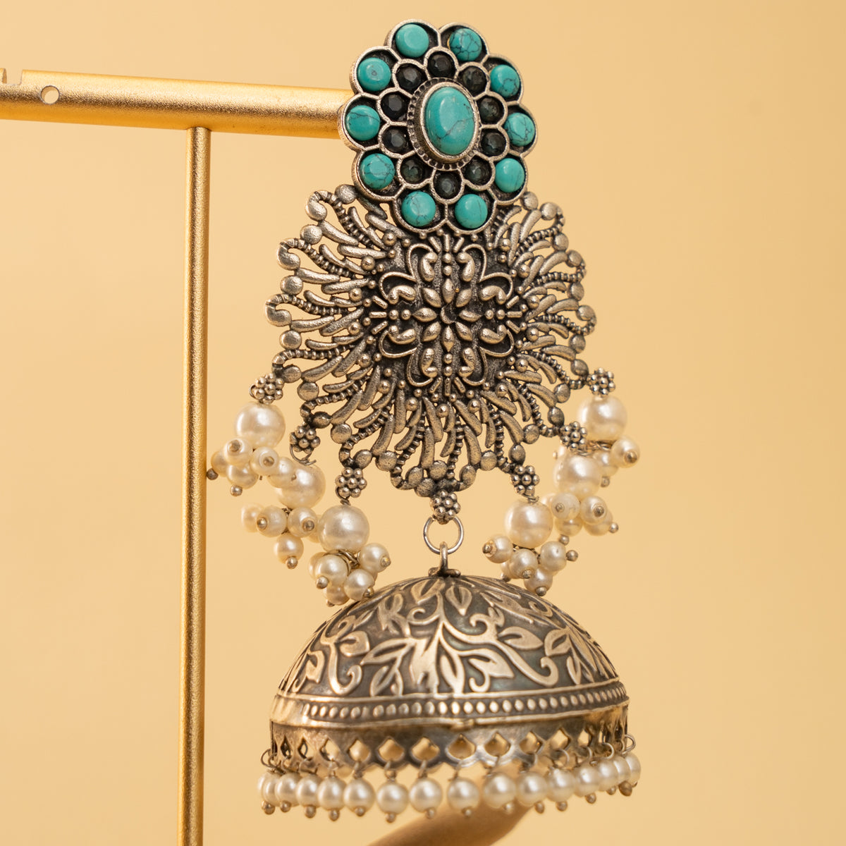 SAMANTHA FAUX SILVER SEMI HANDMADE RAW AND RUSTIC EARRINGS/JHUMAS ER929