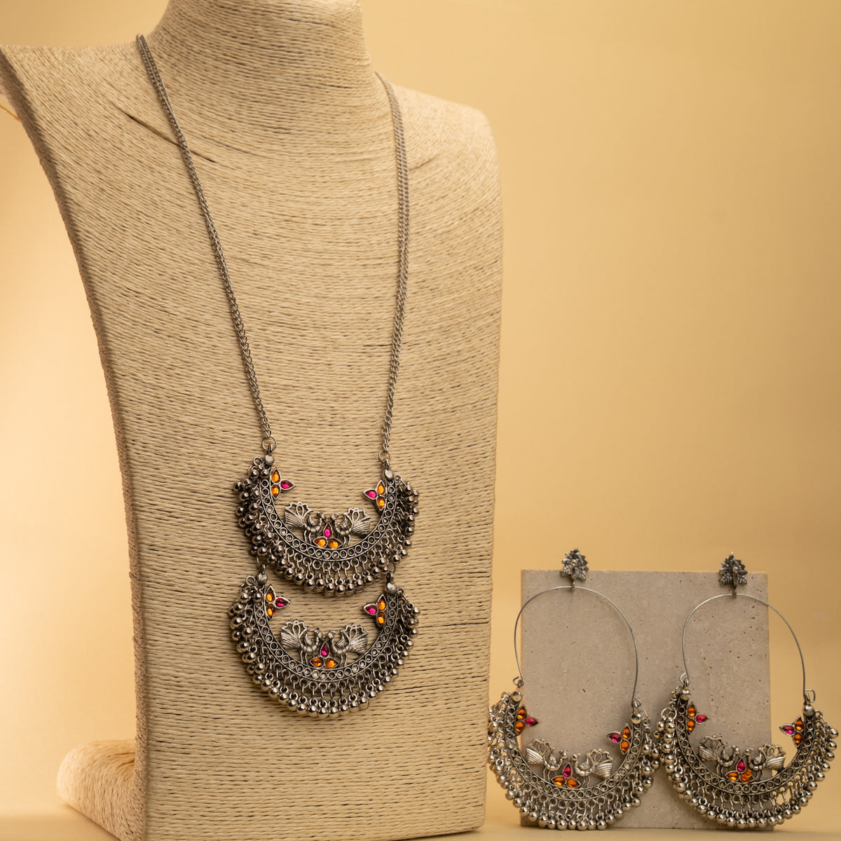 MORGAN BLACK POLISH MALA/NECKPIECE WITH CHANBALI EARRINGS ML167