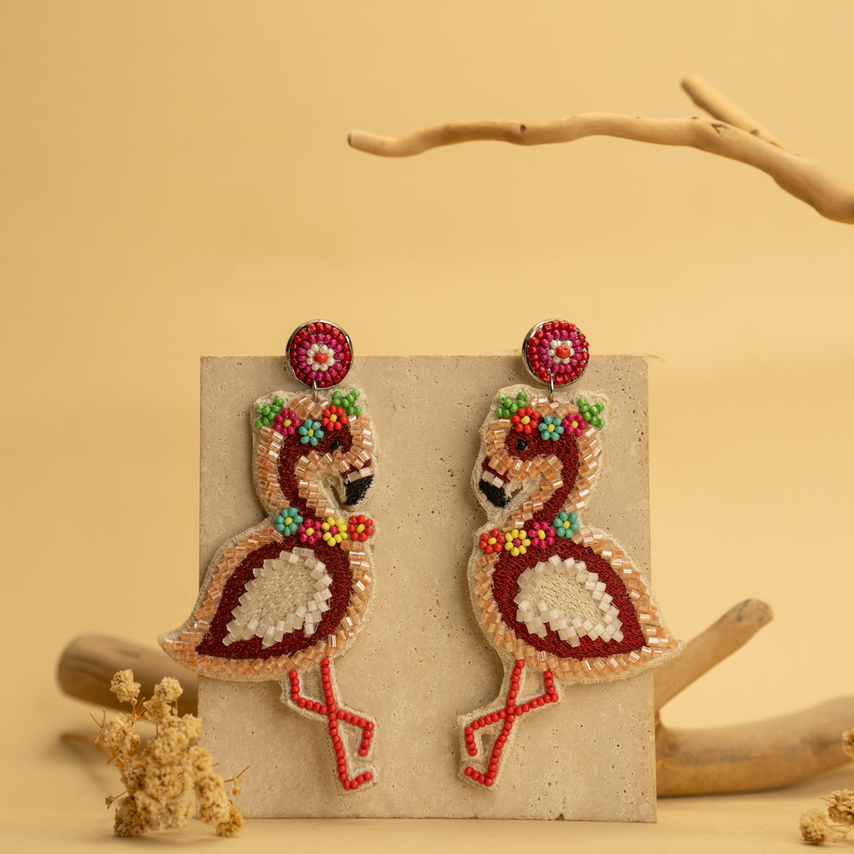 FLAMINGO DANSE FABRIC AND BEADS HANDMADE EARRING ER474