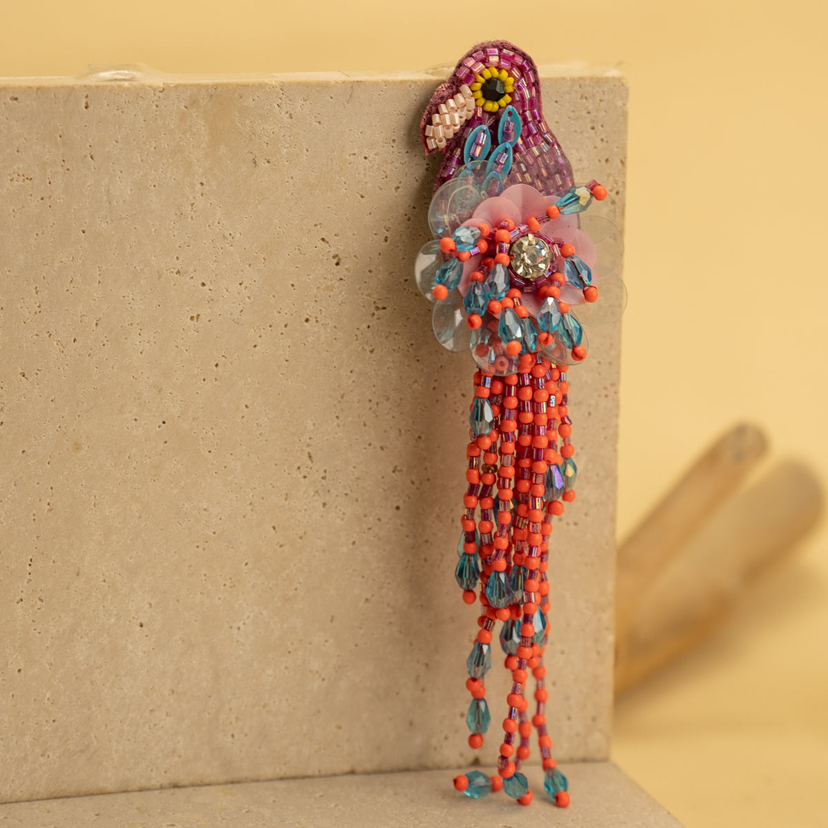 PINK MACAW FABRIC AND BEADS HANDMADE EARRING ER496