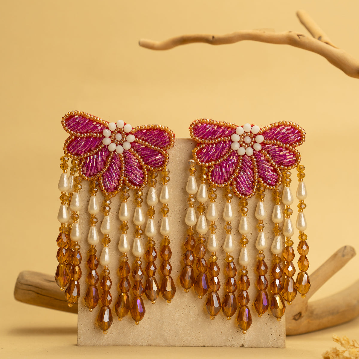 FLORAL FALLS TASSEL FABRIC AND BEADS HANDMADE EARRING ER484