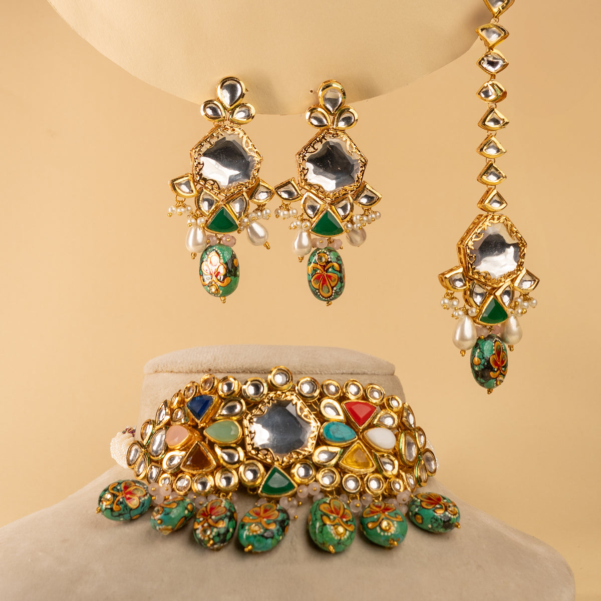 ATHENA TURQUOISE BIJOUX PREMIUM AND EXCLUSIVE TURQUOISE AND KUNDAN HANDMADE CHOKER WITH EARRINGS AND TIKKA CH401