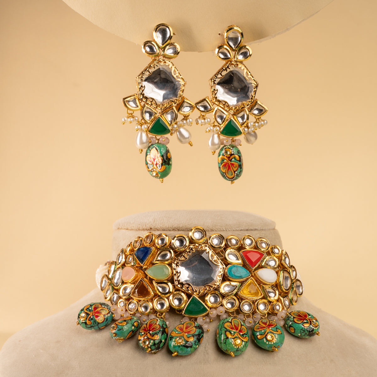 ATHENA TURQUOISE BIJOUX PREMIUM AND EXCLUSIVE TURQUOISE AND KUNDAN HANDMADE CHOKER WITH EARRINGS AND TIKKA CH401