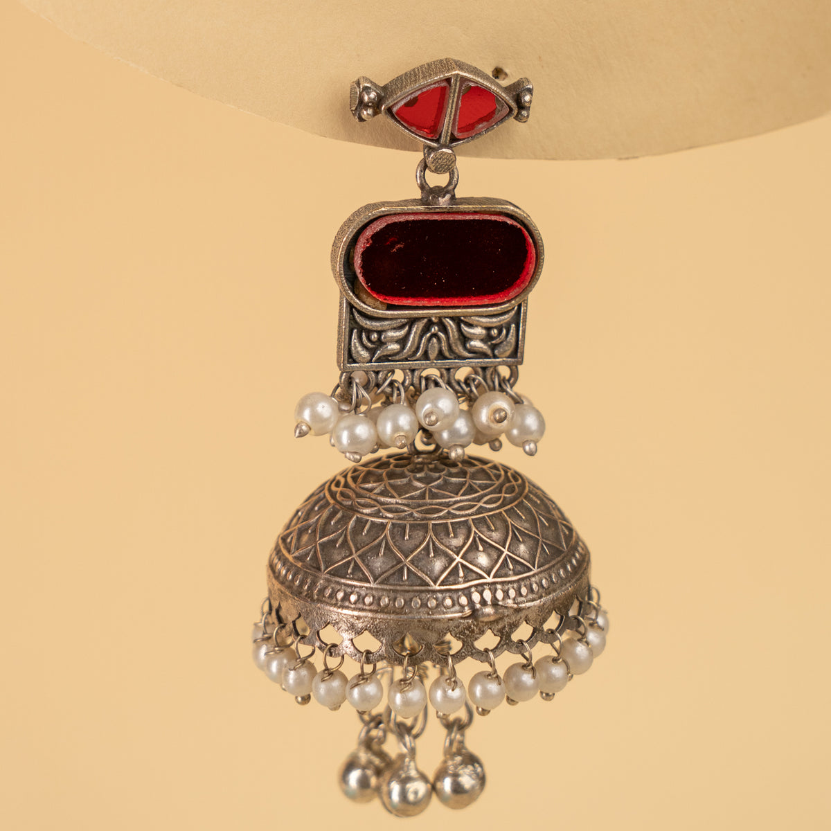 AZALIA SILVER LOOK ALIKE SEMI HANDMADE MIRROR JHUMKAS EARRINGS ER926