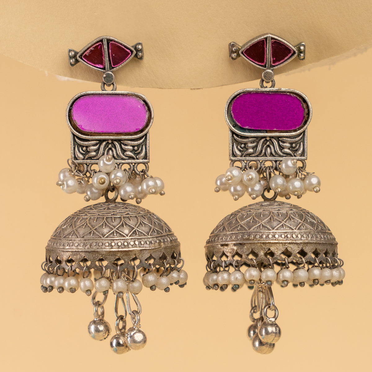 AZALIA SILVER LOOK ALIKE SEMI HANDMADE MIRROR JHUMKAS EARRINGS ER926