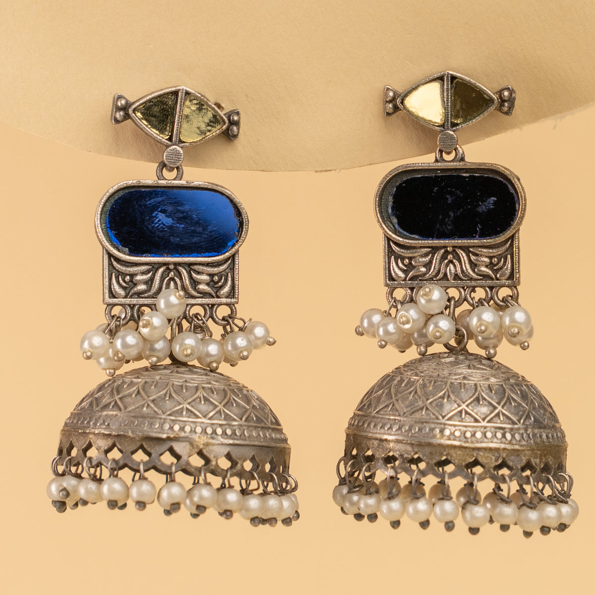 AZALIA SILVER LOOK ALIKE SEMI HANDMADE MIRROR JHUMKAS EARRINGS ER926