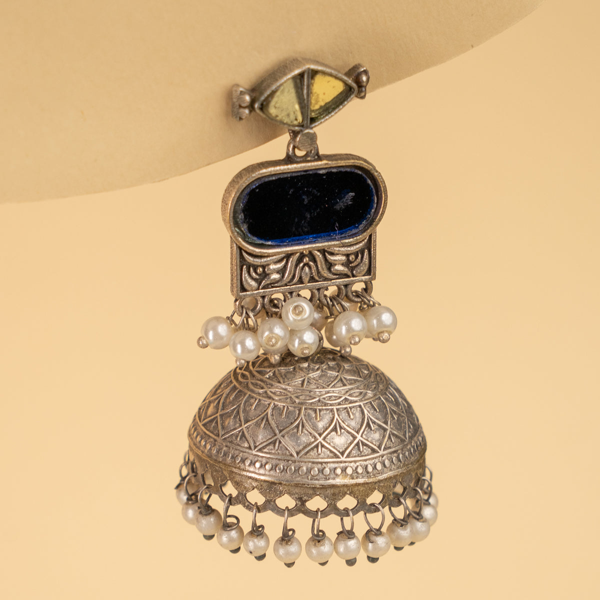 AZALIA SILVER LOOK ALIKE SEMI HANDMADE MIRROR JHUMKAS EARRINGS ER926