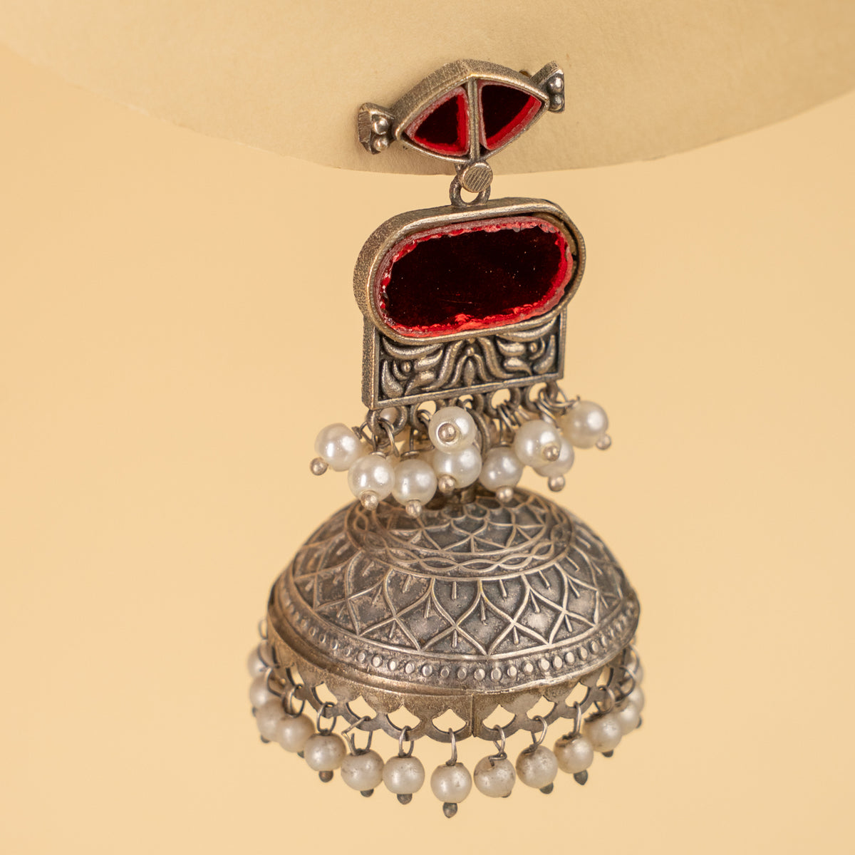 AZALIA SILVER LOOK ALIKE SEMI HANDMADE MIRROR JHUMKAS EARRINGS ER926