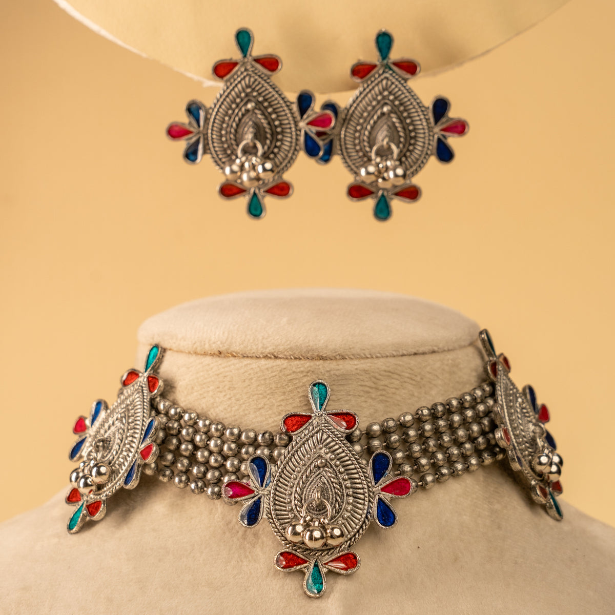 DANIA BLACK POLISH AFGHANI MEENAKARI CHOKER WITH EARRINGS CH445