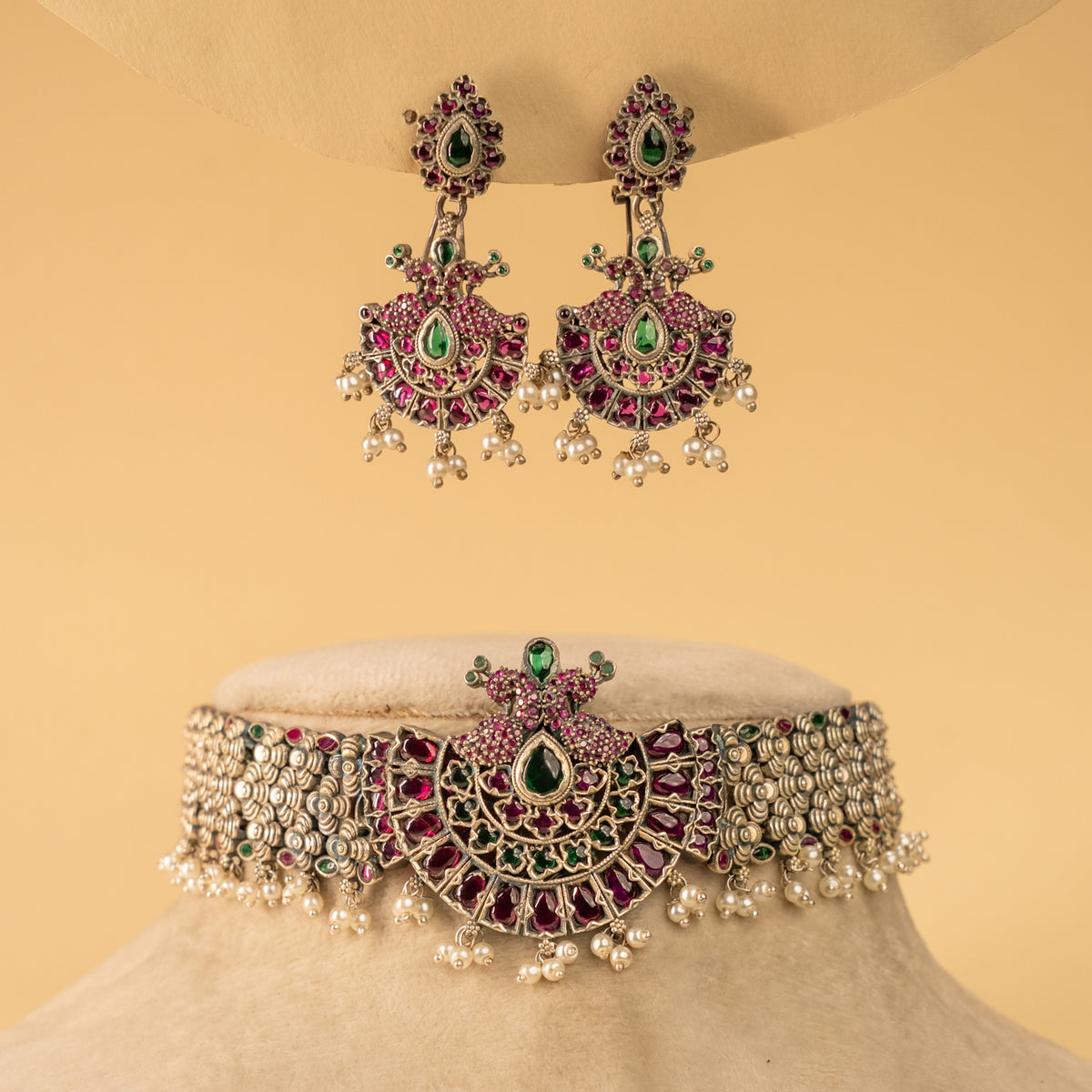 LEAH PREMIUM KEMP STONE HANDMADE RAW FIRE FINISH CHOKER WITH EARRINGS CH128