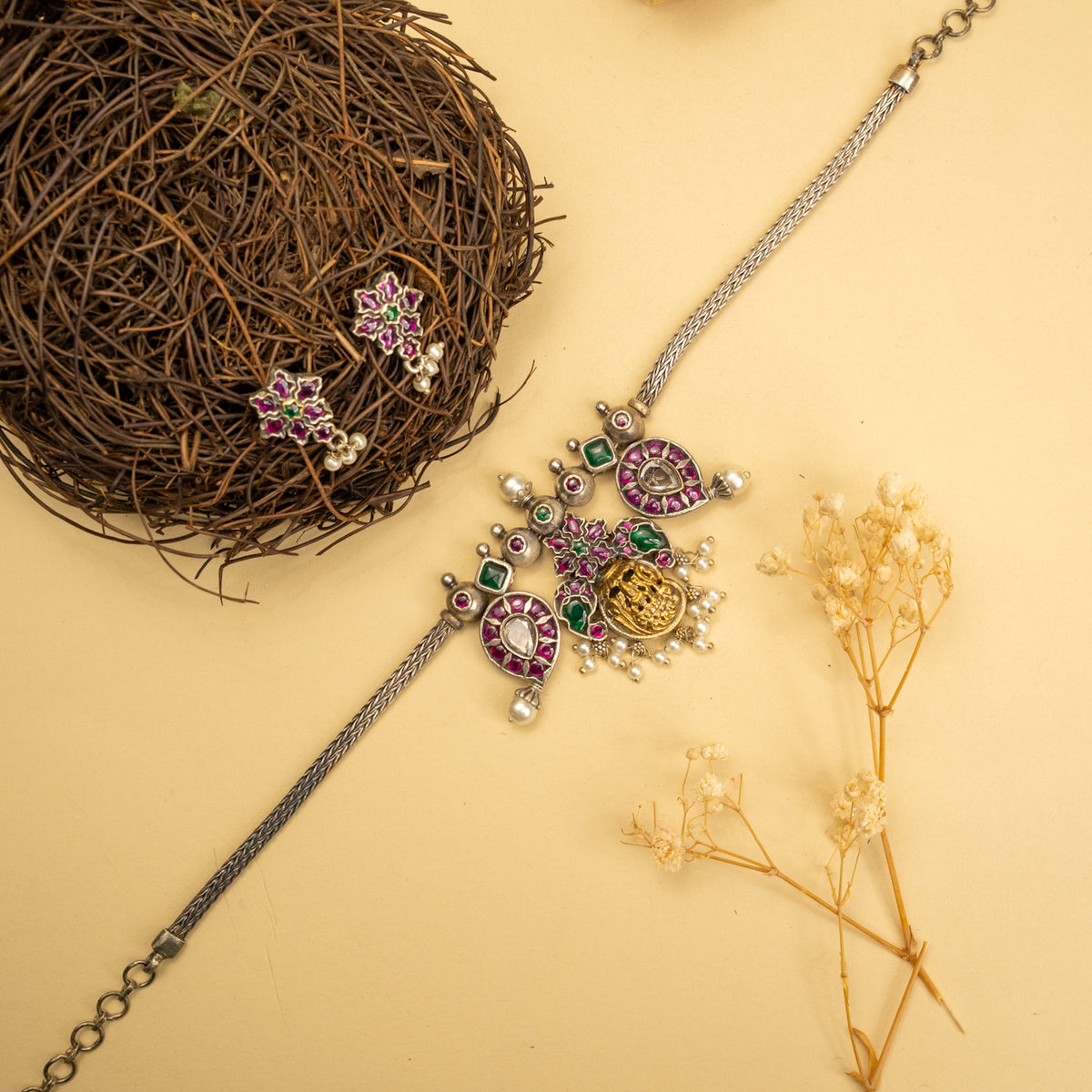 PAISLEY PREMIUM KEMP STONE HANDMADE  RAW FIRE FINISH  CHOKER WITH EARRINGS CH130