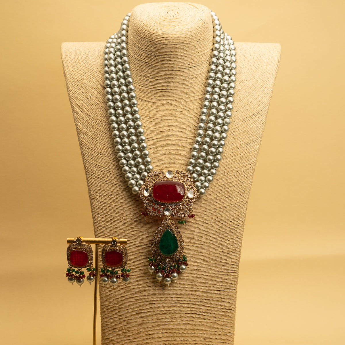 VINOBA BRIDAL PREMIUM DOUBLET STONE PEARL AND POLKI HANDMADE NECKLACE WITH EARRING NL306