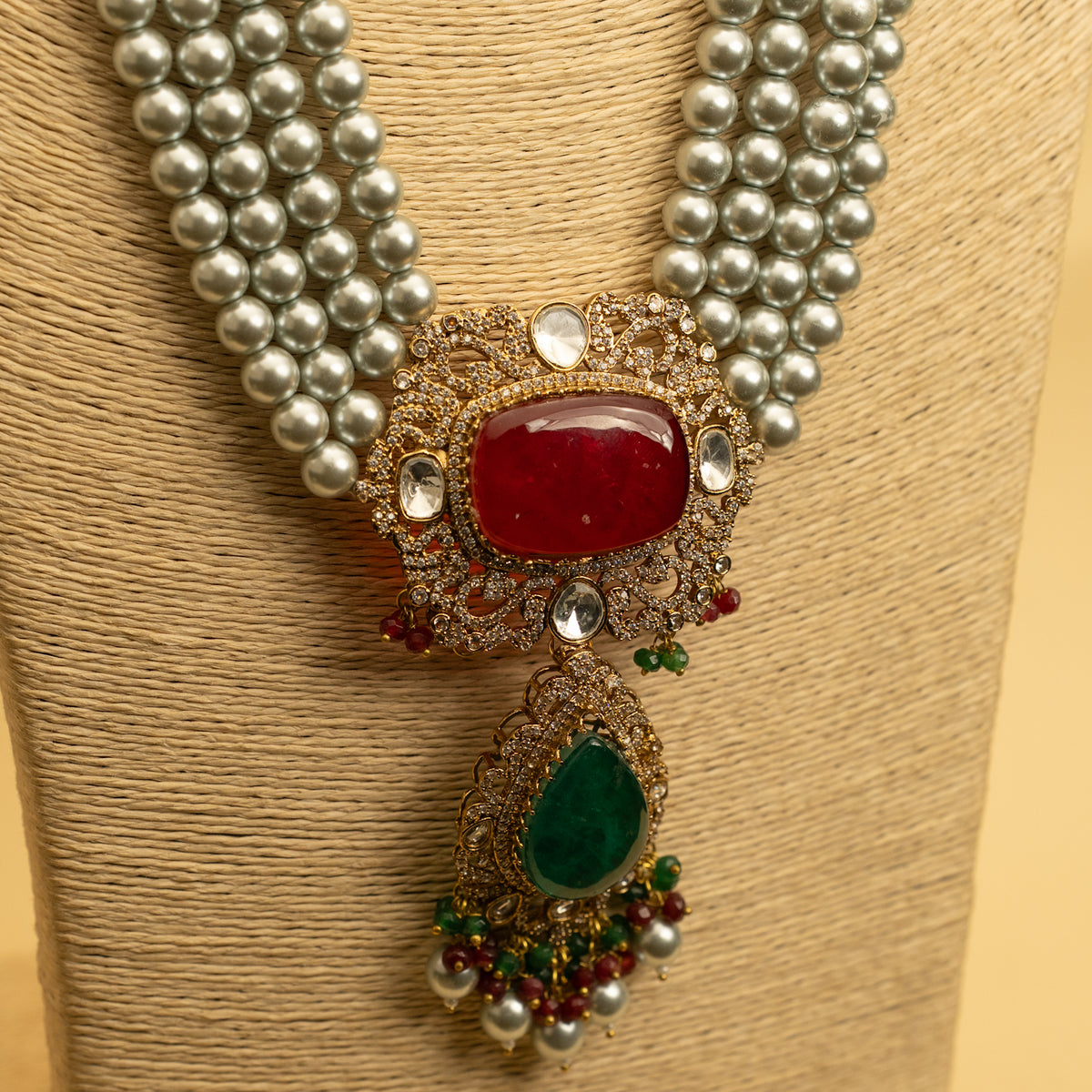 VINOBA BRIDAL PREMIUM DOUBLET STONE PEARL AND POLKI HANDMADE NECKLACE WITH EARRING NL306