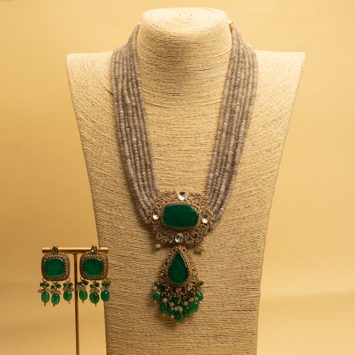 RINKY BRIDAL PREMIUM DOUBLET AND ONYX AND POLKI HANDMADE NECKLACE WITH EARRING NL305