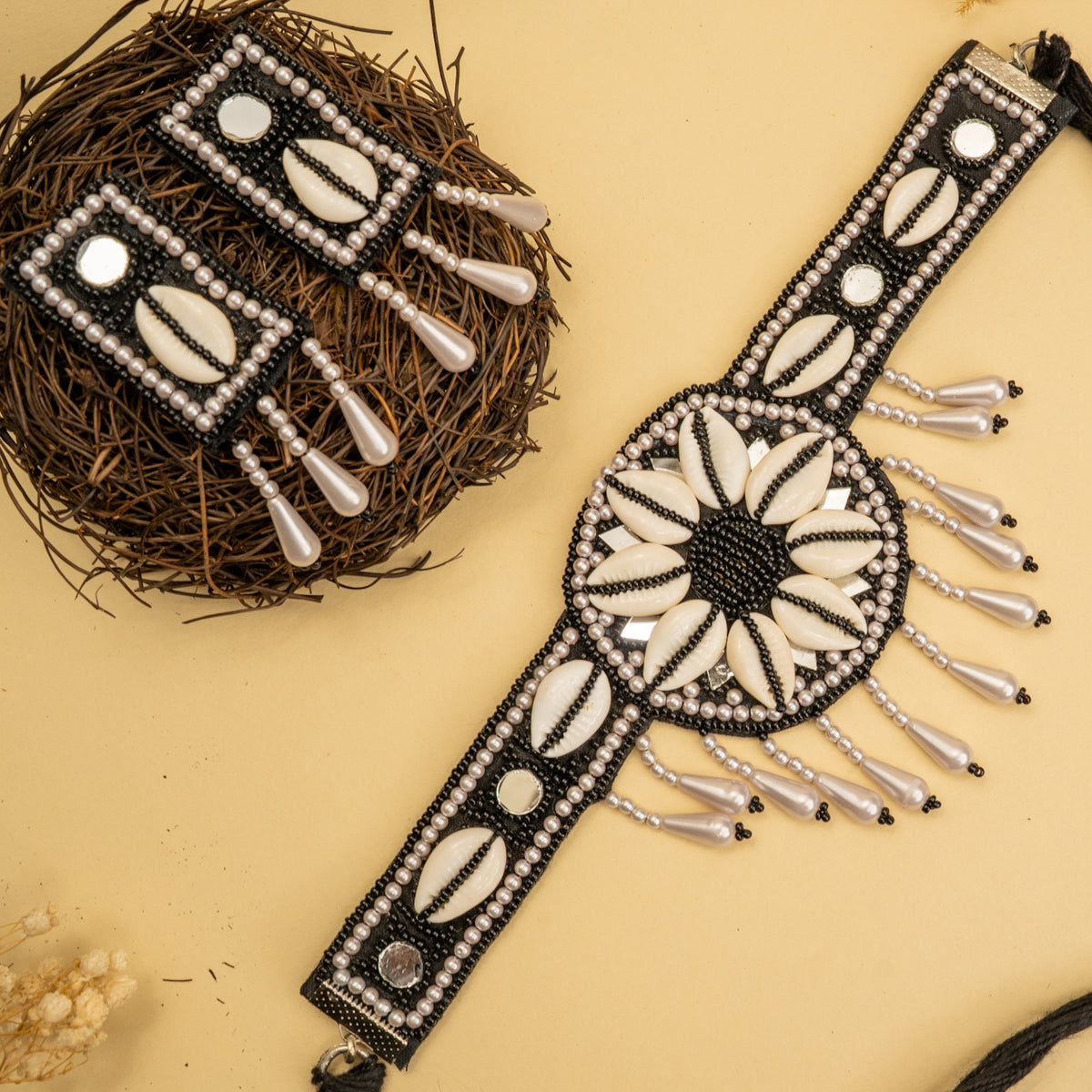 MILLA FABRIC AND BEADS PERFECT FOR HALDI SHELL AFGHANI CHOKER WITH EARRINGS CH467