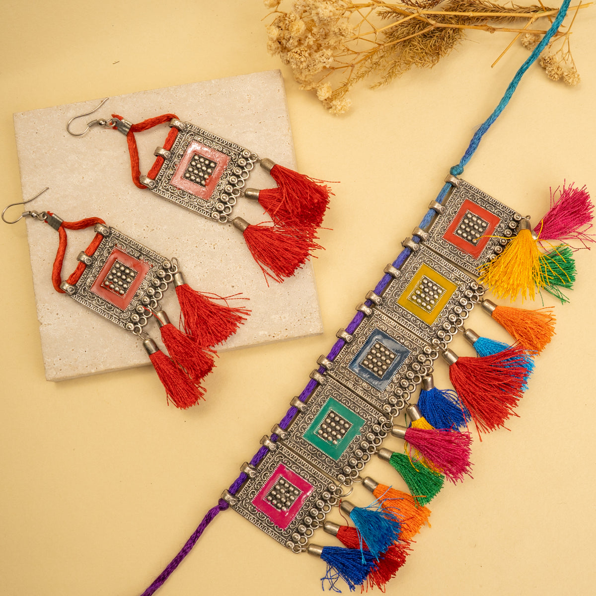 WILLOW AFGHANI THREAD WORK CHOKER WITH EARRINGS CH470