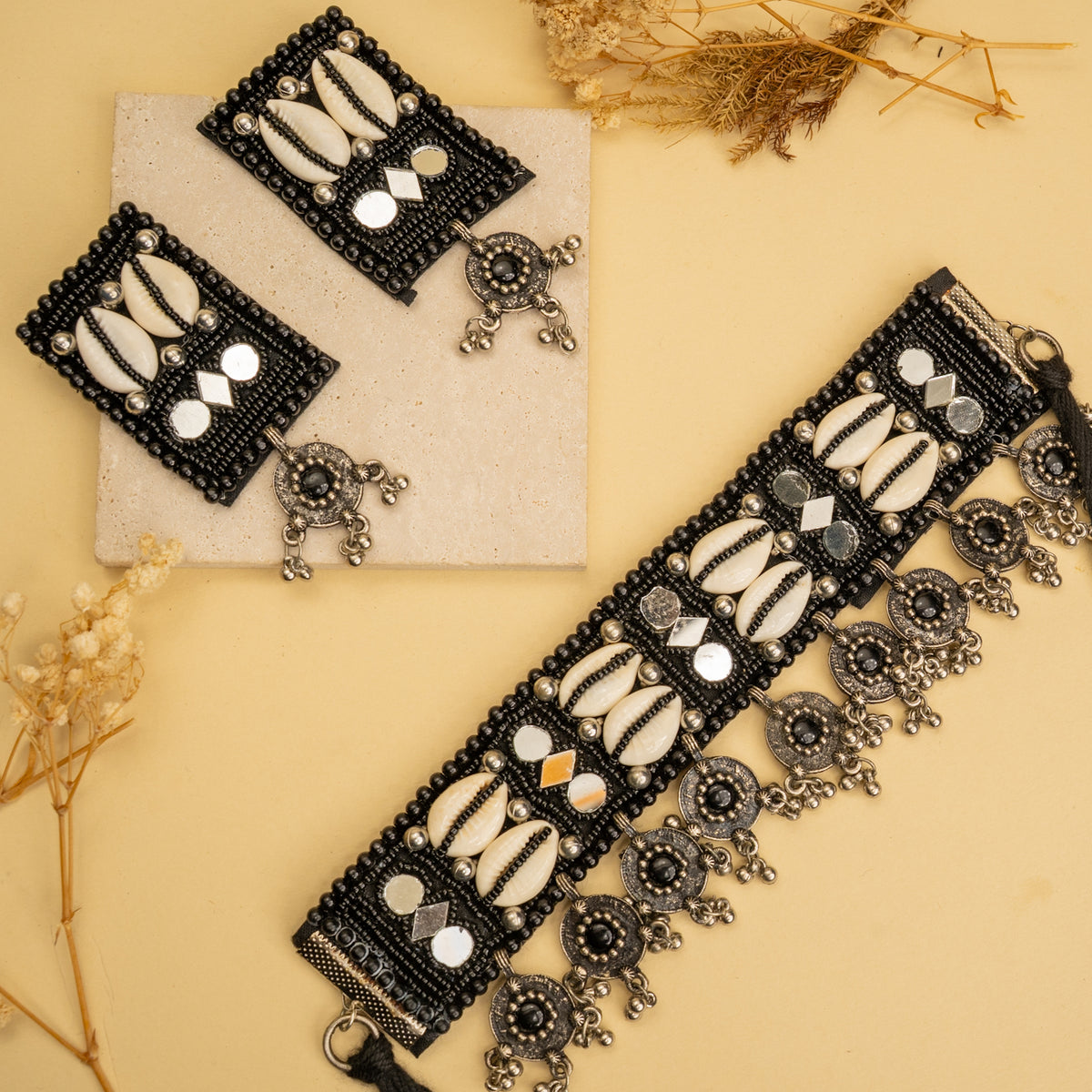 MIYA FABRIC AND BEADS PERFECT FOR HALDI SHELL AFGHANI CHOKER WITH EARRINGS CH465