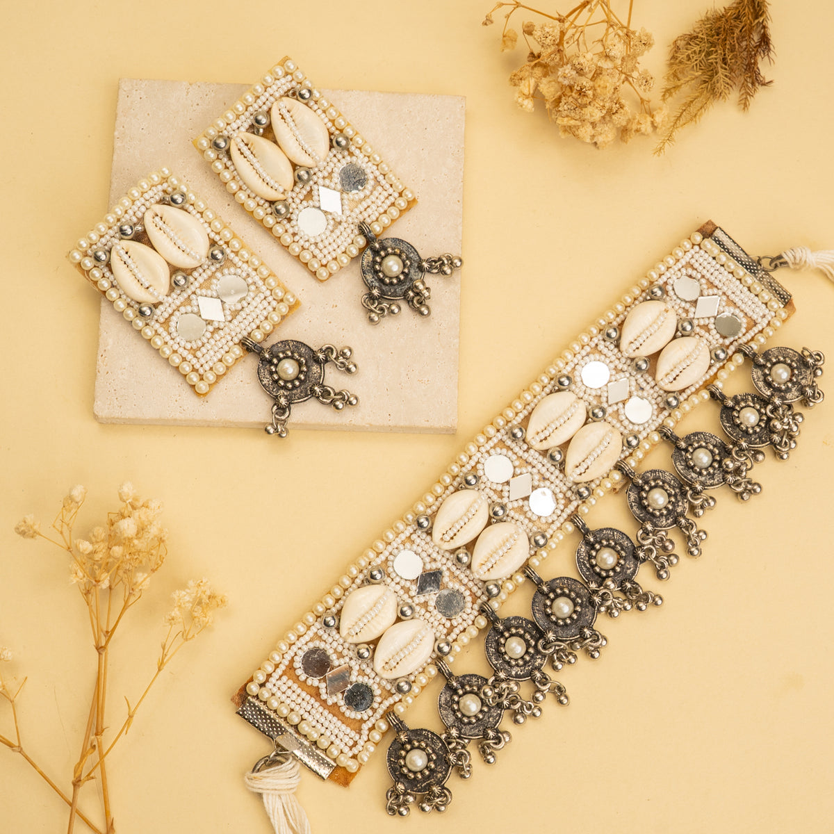 MIYA FABRIC AND BEADS PERFECT FOR HALDI SHELL AFGHANI CHOKER WITH EARRINGS CH465