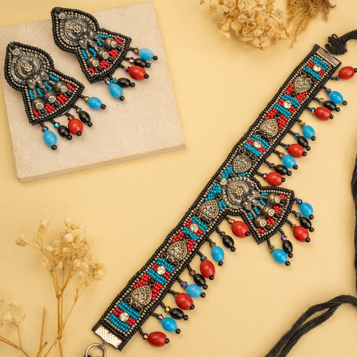 LIYA FABRIC AND BEADS PERFECT FOR HALDI SHELL AFGHANI CHOKER WITH EARRINGS  CH469