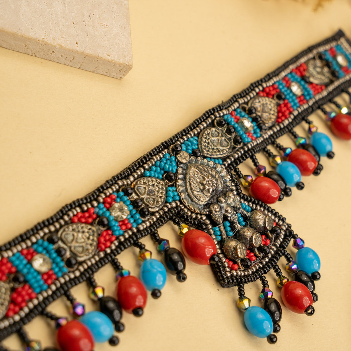 LIYA FABRIC AND BEADS PERFECT FOR HALDI SHELL AFGHANI CHOKER WITH EARRINGS  CH469