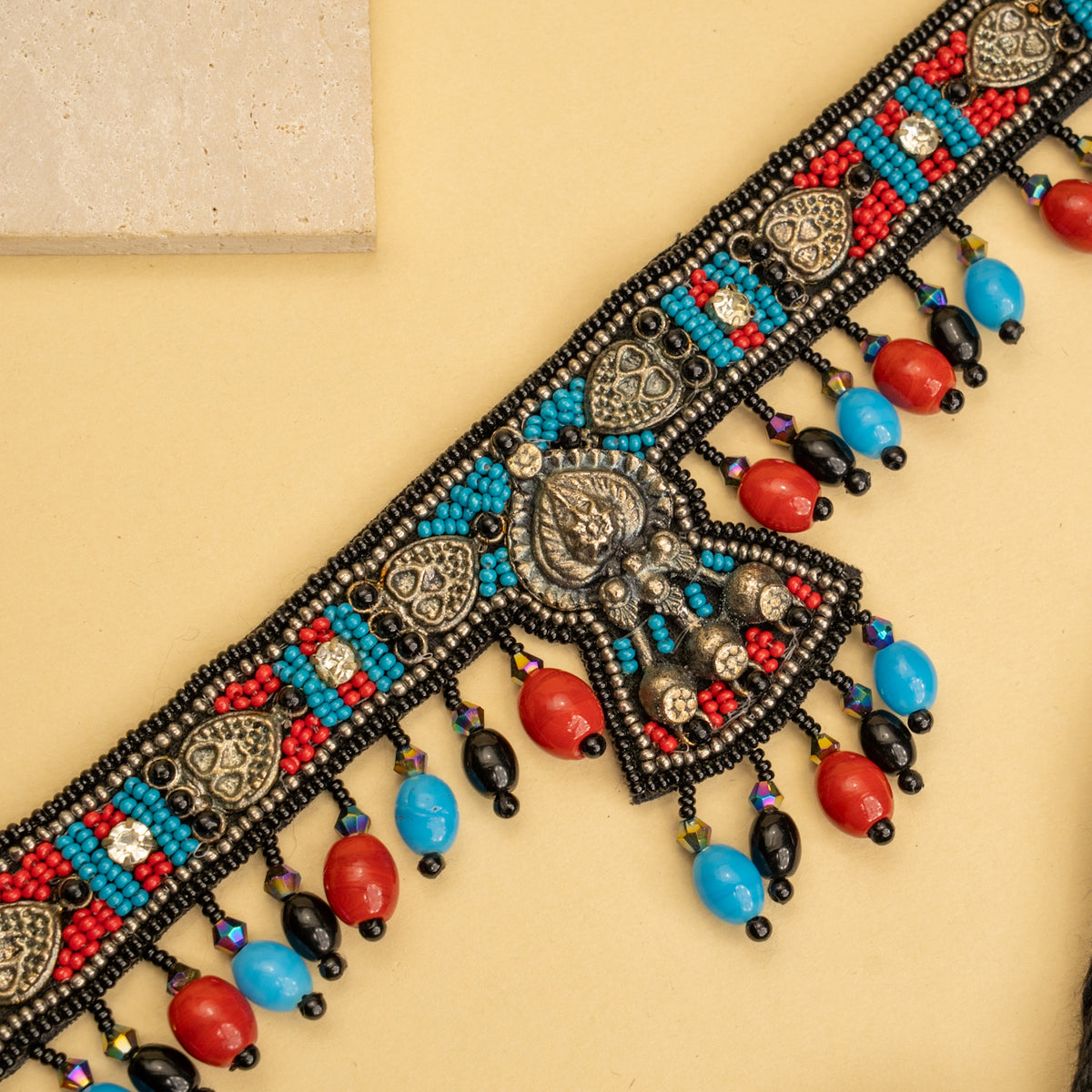 LIYA FABRIC AND BEADS PERFECT FOR HALDI SHELL AFGHANI CHOKER WITH EARRINGS  CH469