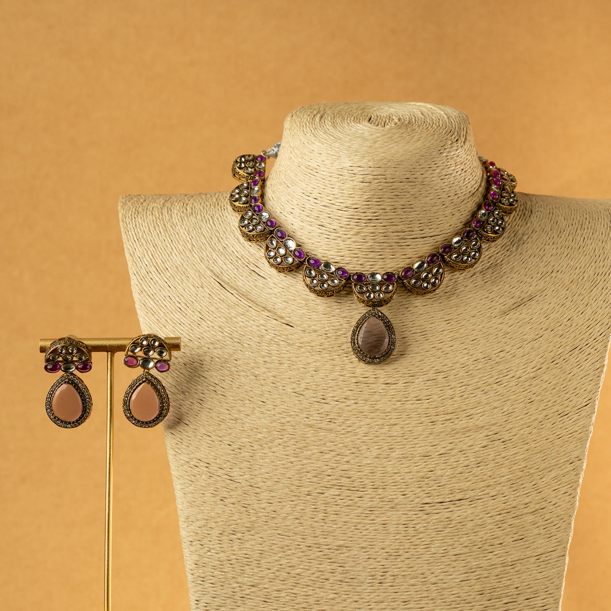 ROSYLN SEMI HANDMADE MONALISA STONES RUSTIC NECKPIECE/NECKLACE EARRINGS NL321