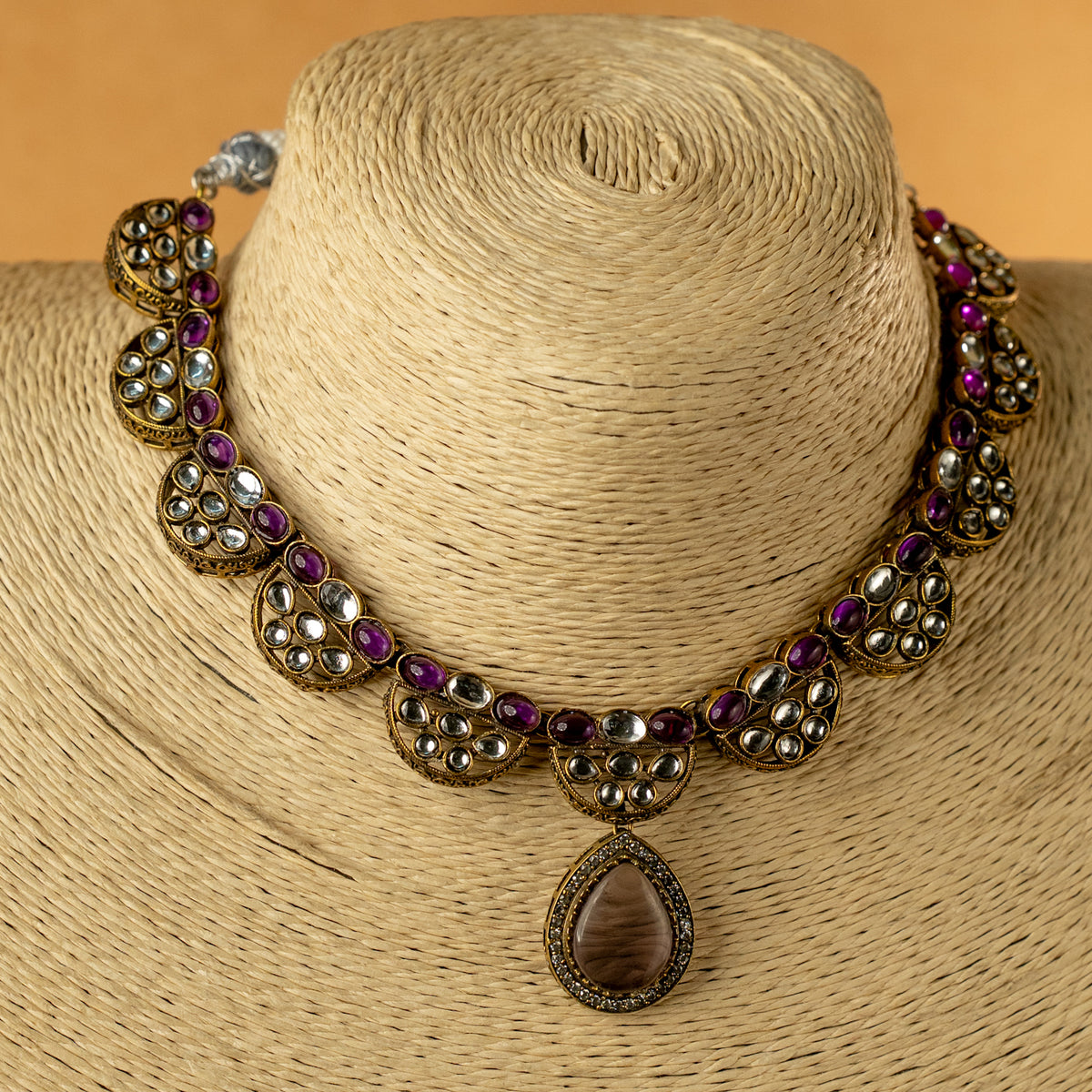 ROSYLN SEMI HANDMADE MONALISA STONES RUSTIC NECKPIECE/NECKLACE EARRINGS NL321