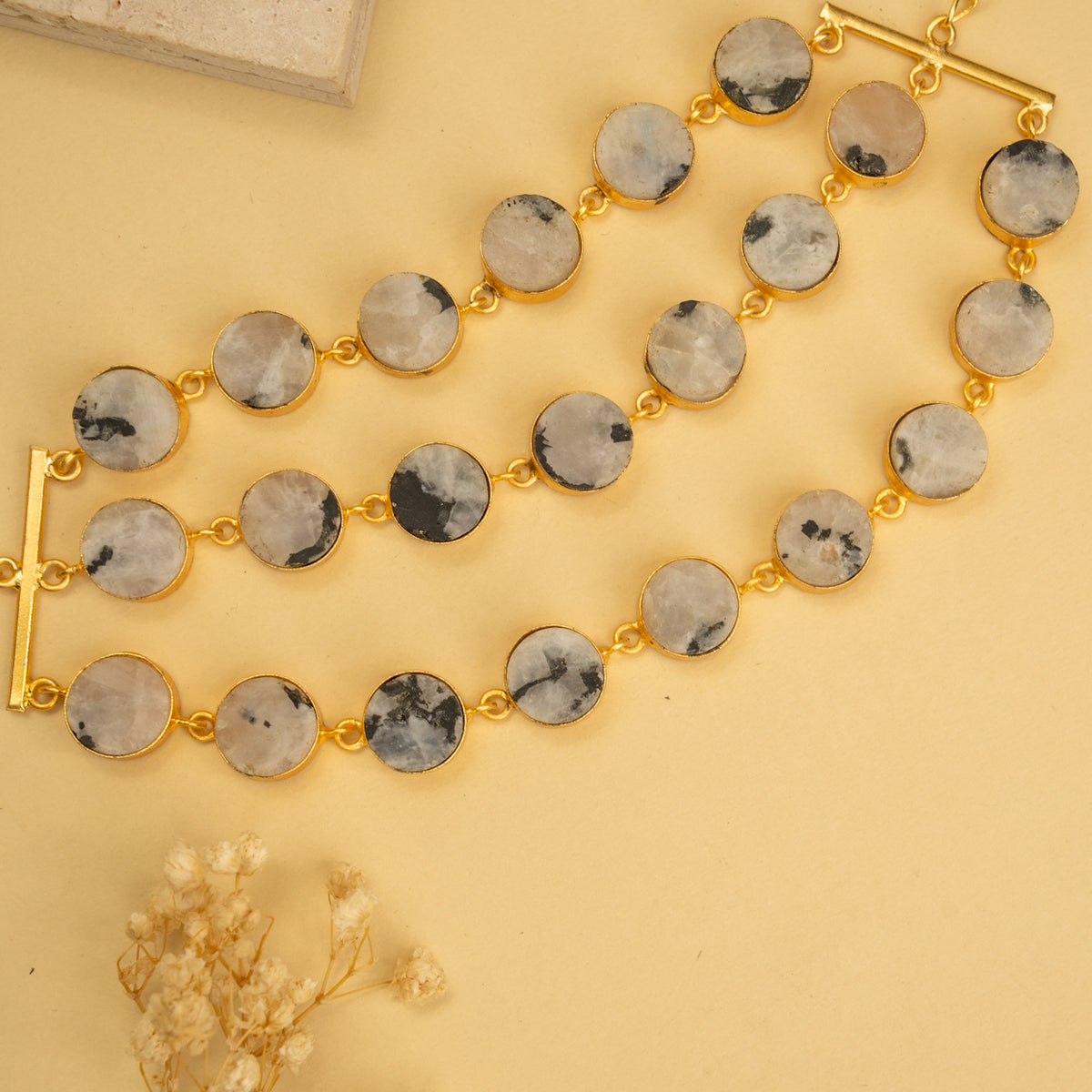 AILANY BIJOUX RAW STONE GOLD TONED 3 LAYERED HANDMADE CHOKER WITH EARRINGS CH428