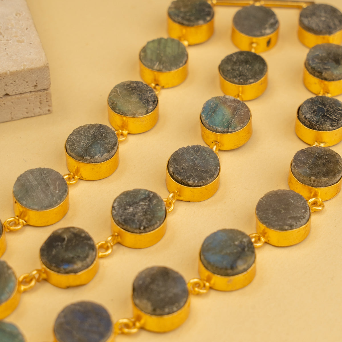 AILANY BIJOUX RAW STONE GOLD TONED 3 LAYERED HANDMADE CHOKER WITH EARRINGS CH428