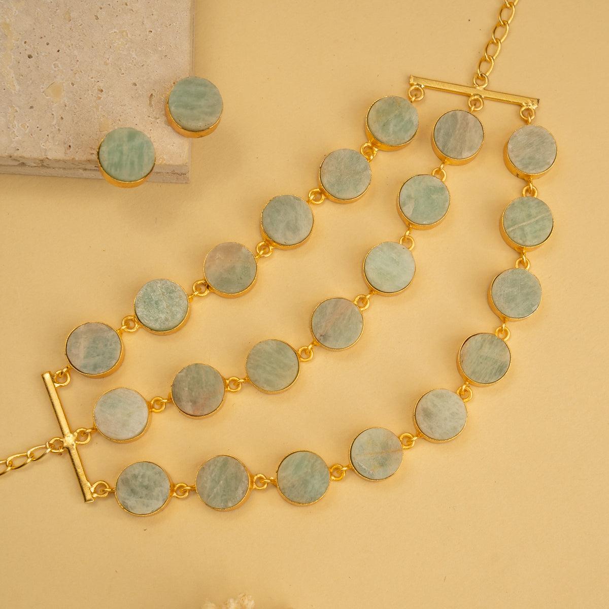 AILANY BIJOUX RAW STONE GOLD TONED 3 LAYERED HANDMADE CHOKER WITH EARRINGS CH428